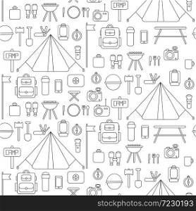 Seamless pattern of flat vector camping equipment symbols and icons. . Seamless pattern of flat colorful vector camping equipment symbols and icons.
