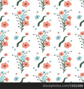 Seamless Pattern of Flowers with Leaves on White Background. Cute Creative Floral Texture for Fabric or Textile. Elegant Botanical Plants Ornament, Wallpaper Print. Cartoon Flat Vector Illustration. Seamless Pattern of Flowers with Leaves on White