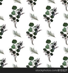 Seamless pattern of foliage natural branches, green leaves, herbs, tropical plant hand drawn, Vector fresh beauty rustic eco friendly background. Seamless pattern of foliage natural branches, green leaves, herb