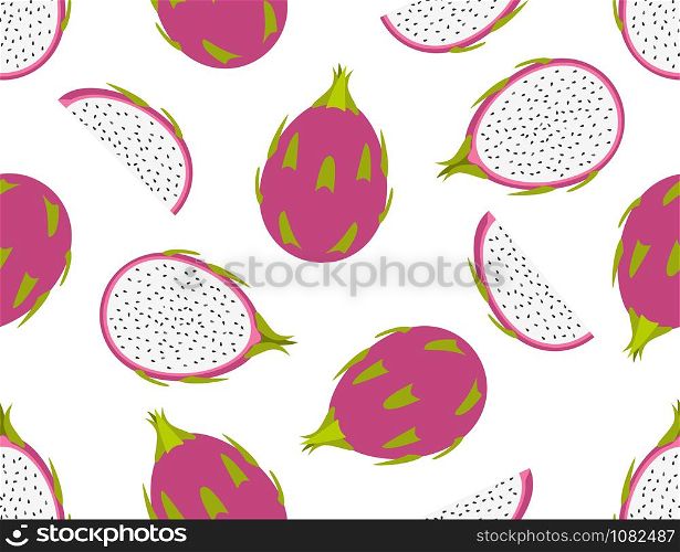 Seamless pattern of fresh dragon fruit set on white background - vector illustration