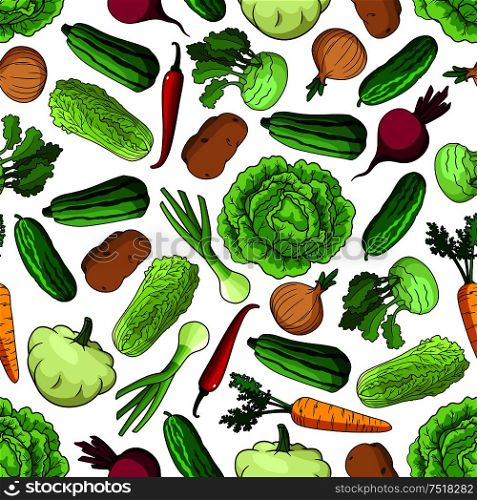 Seamless pattern of fresh vegetables with cabbage, onion and chili pepper, zucchini, cucumber, carrot and potato, beetroot, kohlrabi and pattypan squash vegetables. Organic farming and vegetable garden theme design. Vegetables seamless pattern for farming design