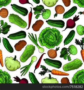Seamless pattern of fresh vegetables with cabbage, onion and chili pepper, zucchini, cucumber, carrot and potato, beetroot, kohlrabi and pattypan squash vegetables. Organic farming and vegetable garden theme design. Vegetables seamless pattern for farming design