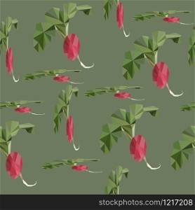 Seamless pattern of fun radishes of different colors and shapes in the style of kawaii on a green background with a texture of small blue-green hearts.. red radish with colour background seamless pattern