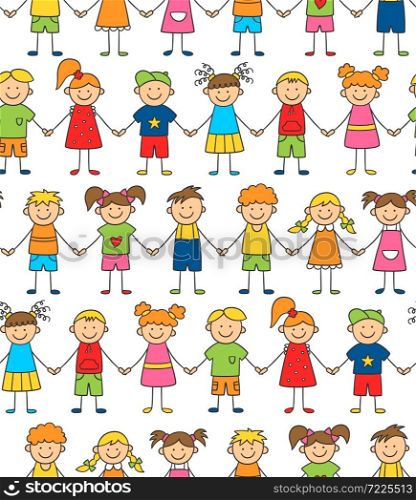 Seamless pattern of funny kids holding hands. Friendship concept. Happy cute doodle children. Vector illustration in hand drawn style on white background. Seamless pattern of funny kids holding hands. Friendship concept. Happy cute doodle children