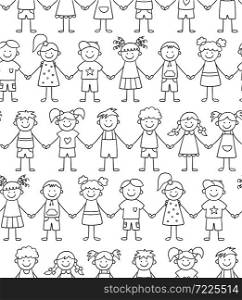 Seamless pattern of funny kids holding hands. Friendship concept. Happy cute doodle children. Vector illustration in hand drawn style on white background. Seamless pattern of funny kids holding hands. Friendship concept. Happy cute doodle children