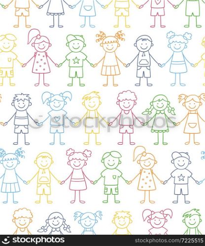 Seamless pattern of funny kids holding hands. Friendship concept. Happy cute doodle children. Vector color illustration in hand drawn style on white background. Seamless pattern of funny kids holding hands. Friendship concept. Happy cute doodle children