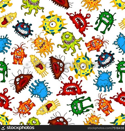 Seamless pattern of funny monsters and aliens characters with spotted bodies, wavy tentacles, pseudopods and toothy smiles on white background. Childish stylized wallpaper theme design. Seamless pattern of funny cartoon monsters