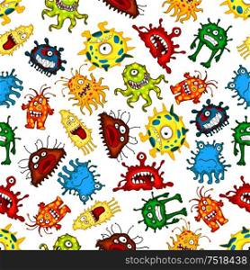 Seamless pattern of funny monsters and aliens characters with spotted bodies, wavy tentacles, pseudopods and toothy smiles on white background. Childish stylized wallpaper theme design. Seamless pattern of funny cartoon monsters
