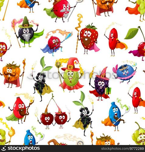 Seamless pattern of garden berry as cartoon wizards, magicians and witch characters, vector background. Funny berry fruits, cherry, strawberry and blueberry with magic wands in wizard sorcerer hats. Seamless pattern of garden berries cartoon wizards