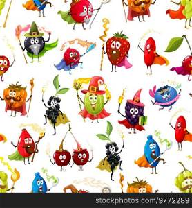 Seamless pattern of garden berry as cartoon wizards, magicians and witch characters, vector background. Funny berry fruits, cherry, strawberry and blueberry with magic wands in wizard sorcerer hats. Seamless pattern of garden berries cartoon wizards