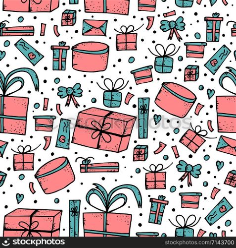 Seamless pattern of gift boxes. Endless background of holiday presents in doodle style. Vector illustration.