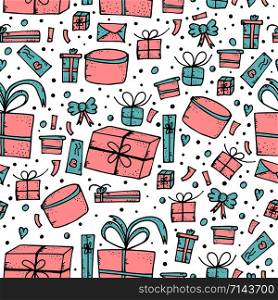 Seamless pattern of gift boxes. Endless background of holiday presents in doodle style. Vector illustration.