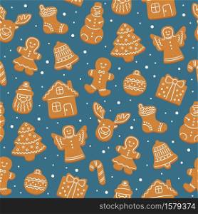 Seamless pattern of gingerbread cookies for Christmas. Gingerbread house, man, angel, reindeer, christmas tree. Vector illustration on dark background. Seamless pattern of gingerbread cookies for Christmas. Gingerbread house, man, angel, reindeer, christmas tree.