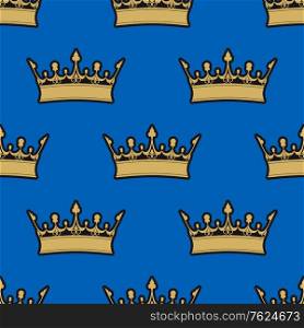 Seamless pattern of gold crowns on a blue background in a heraldic concept