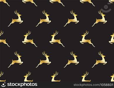 Seamless pattern of golden christmas deers on black background - Vector illustration