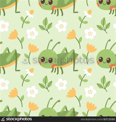 Seamless pattern of grasshopper, flowers and green leaf on green background vector illustration. Cute hand drawn floral pattern. Vector illustration