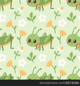 Seamless pattern of grasshopper, flowers and green leaf on green background vector illustration. Cute hand drawn floral pattern. Vector illustration