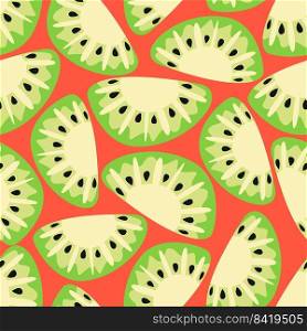 Seamless pattern of green kiwi on red. Trendy hand-drawn vector stylised sliced fruit. Childish summertime concept. Crazy coloured citrus wallpaper design for web banner, wrapping and print.