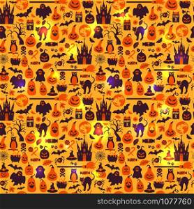 Seamless pattern of halloween for autumn celebration with icons in flat style. Vector design illustration of halloween.. Seamless pattern of halloween for autumn celebration with icons