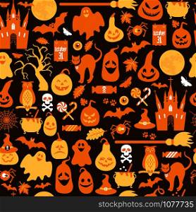Seamless pattern of halloween with icons and pumpkins.. Seamless pattern of halloween with pumpkins and icons.