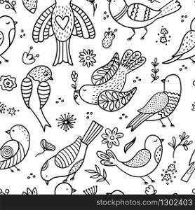 Seamless pattern of hand drawn birds. Doodle texture with spring birds.