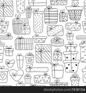 Seamless pattern of hand-drawn different gift boxes isolated on a white background. Doodle gifts in Scandinavian style for Valentine&rsquo;s Day, Christmas Day, New Year, Birthday.