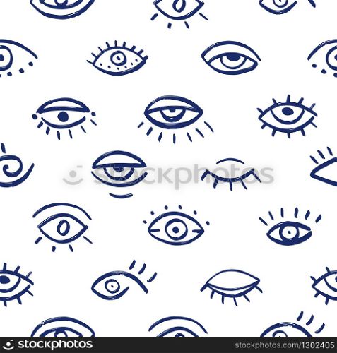 Seamless pattern of hand drawn eyes. Doodle vector illustration with various eyes. Grunge Turkish evil eyes.