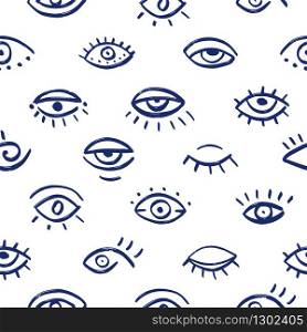Seamless pattern of hand drawn eyes. Doodle vector illustration with various eyes. Grunge Turkish evil eyes.