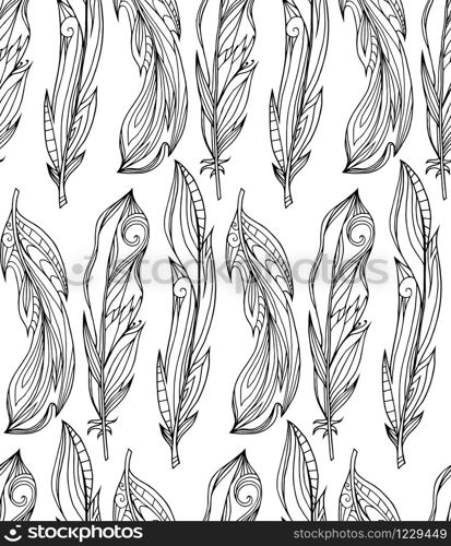 Seamless pattern of hand drawn feathers with boho pattern. Tribal doodle background. Vector element for your creativity.. Seamless pattern of hand drawn feathers with boho pattern. Triba
