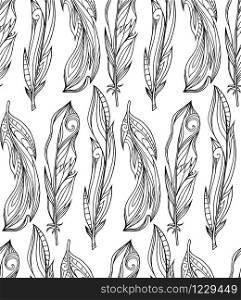 Seamless pattern of hand drawn feathers with boho pattern. Tribal doodle background. Vector element for your creativity.. Seamless pattern of hand drawn feathers with boho pattern. Triba