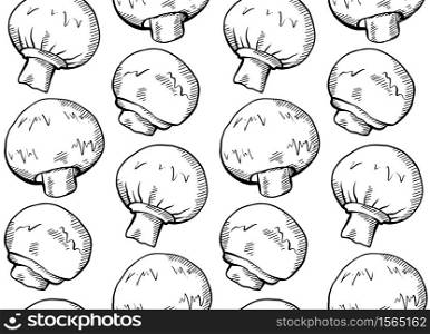 Seamless pattern of hand drawn sketch of champignon mushroom with hatching on white background. Healthy wholesome vegetarian food. Vector engraving texture for wallpaper, fabric and your creativity.. Seamless pattern of hand drawn sketch of champignon mushroom with hatching on white background. Healthy wholesome vegetarian food. Vector engraving texture