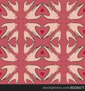 Seamless pattern of hand in heart shape with red heart inside on red background