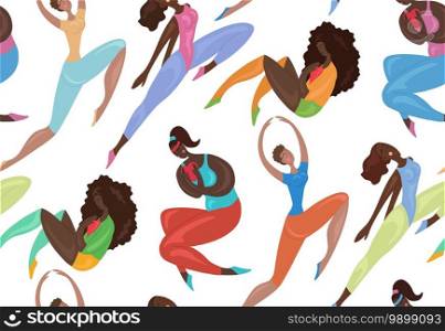 Seamless pattern of happy african sports girl jumping and exercises. Body positivity, confidence and self acceptance. The power of women and feminism. Delicate vector texture for wallpaper, fabric. Seamless pattern of happy african sports girl jumping and exercises. Body positivity, confidence and self acceptance. The power of women and feminism. Delicate vector texture