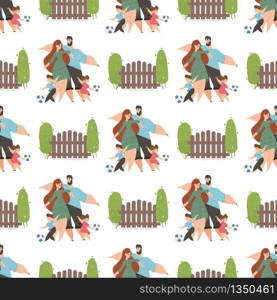 Seamless Pattern of Happy Family with Kids Playing Football on House Back Yard. Mother, Father, Daughter and Son Play with Ball at Fence with Green Trees, Wallpaper Cartoon Flat Vector Illustration. Seamless Pattern of Happy Family with Kid Football