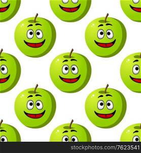 Seamless pattern of happy smiling green cartoon apples fruits for a healthy diet in square format, vector illustration isolated on white