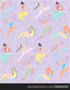 Seamless pattern of happy various sports girl jumping, exercises on plants and hearts lilac background. Body positivity and confidence. Feminism and eco lifystile. Delicate vector texture. Seamless pattern of happy various sports girl jumping, exercises on plants and hearts lilac background. Body positivity and confidence. Feminism and eco lifystile.