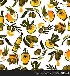 Seamless pattern of healthy organic italian olive oil in glass bottles and jars on white background with branches of olive tree, ripe green fruits and oil drops. Agriculture theme or kitchen interior design. Olive fruits and oil bottles seamless pattern