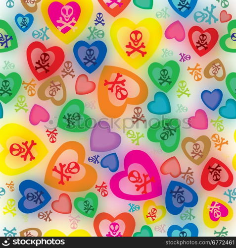 Seamless pattern of hearts and bones with background out of focus