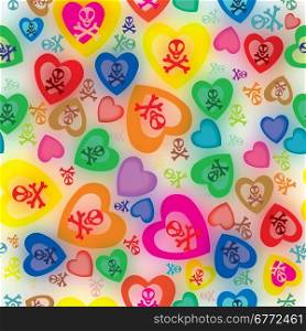 Seamless pattern of hearts and bones with background out of focus