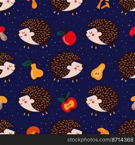 Seamless pattern of hedgehogs and fruits with mushrooms on a blue background. Seamless pattern with hedgehogs on blue background