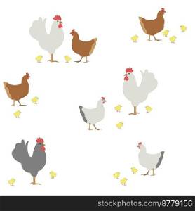 Seamless pattern of hens, chicks and roosters. Easter Texture with chicken. Hand drawn vector illustration for fabric print, wrapping paper, wallpaper, greeting card, kitchen decoration.. Vintage style seamless pattern of chicken. Easter Texture with hens, chicks and roosters. Hand drawn vector illustration for fabric print, wrapping paper, wallpaper, greeting card, kitchen decoration.