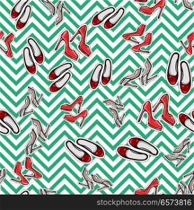 Seamless pattern of high heel shoes. Fashionable footwear. Lady s stylish footwear. Shoes for warm season. Red, pink and beige. Cartoon style. Flat design. Collection of different footgear. Vector. Seamless Pattern of Shoes. Fashionable Footwear.