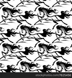 Seamless pattern of horse stallions with a black silhouetted repeat motif in square format suitable for equestrian sport, fabric and wallpaper design. Seamless pattern of horse