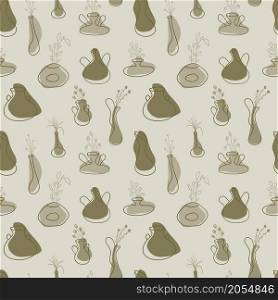 Seamless pattern of house plant pots creative design collection on beige background. Vector illustration.