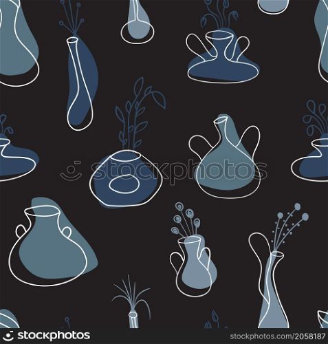 Seamless pattern of house plant pots creative design collection on black background. Vector illustration.