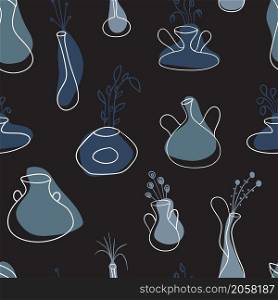 Seamless pattern of house plant pots creative design collection on black background. Vector illustration.