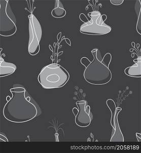 Seamless pattern of house plant pots creative design collection on grey background. Vector illustration.