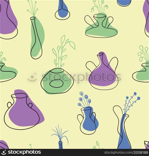 Seamless pattern of house plant pots creative design collection on yellow background. Vector illustration.