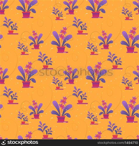 Seamless Pattern of House Plants in Pots on Yellow Background. Cute Creative Floral Texture for Fabric or Textile. Elegant Botanical Houseplants Ornament, Wallpaper Print. Flat Vector Illustration. Seamless Pattern, Print of House Plants in Pots