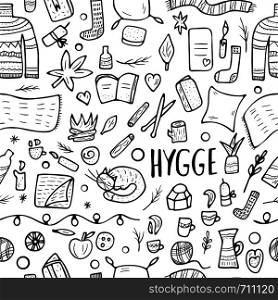 Seamless pattern of hygge concept. Vector isolated symbols of comfort in black and white design. Background of warm clothes and cozy elements.